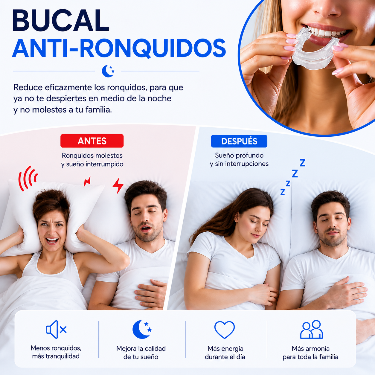 VitalCalm™- Bucal Antironquidos + 4 Dilatadores Nasales de ¡REGALO!